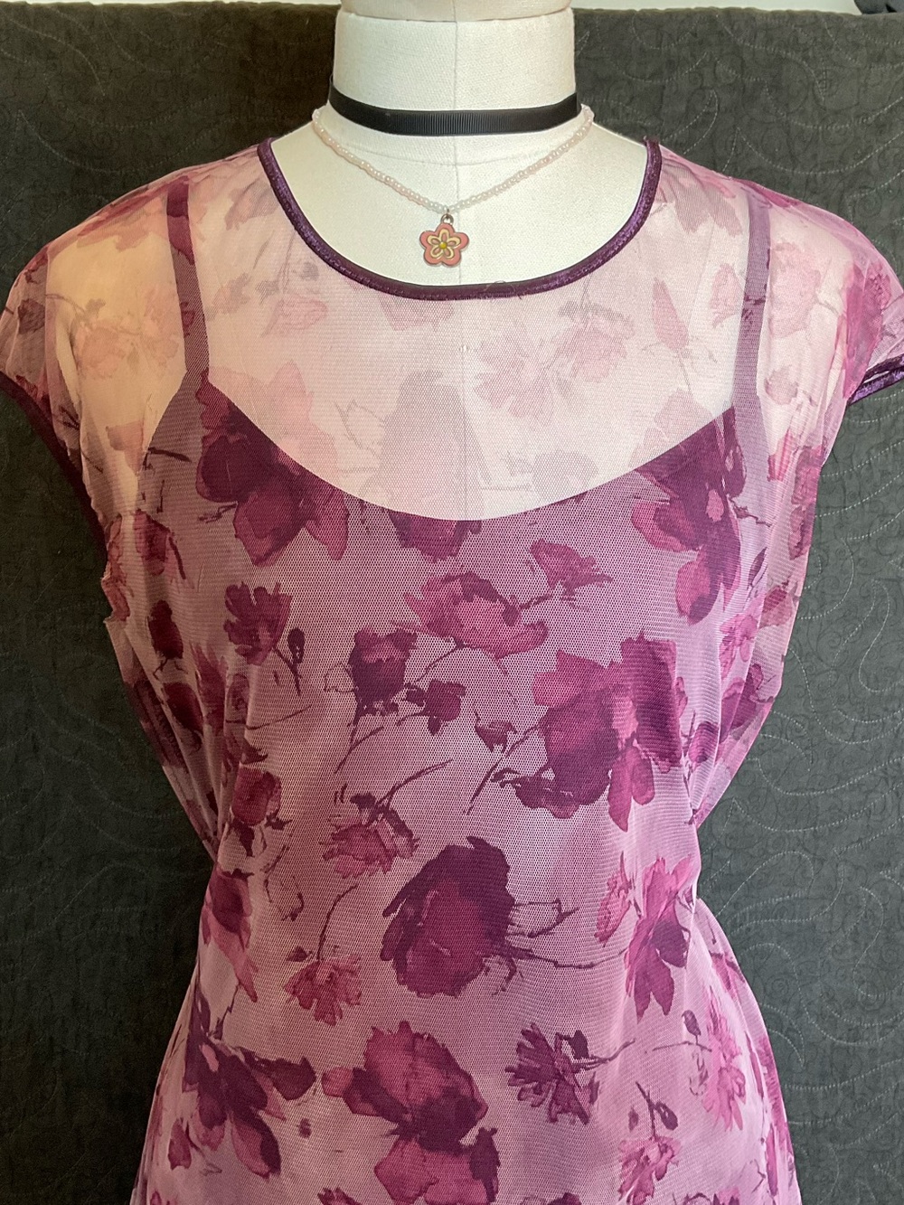 Sheer Purple Floral Maxi Dress with Dark Purple Slip - Picture 3 of 4